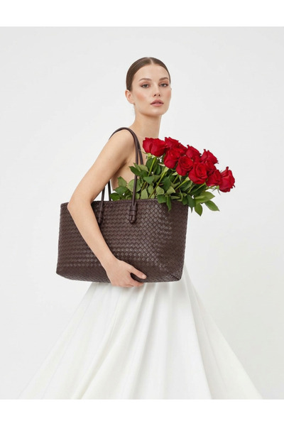 Çanta Trend Women's Long Tote Bag Brown Braided