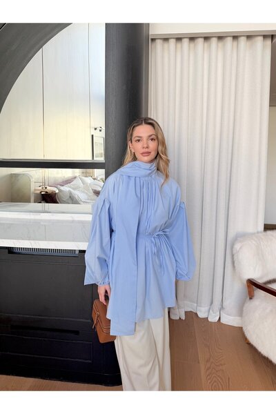 Miraydın Butik Women's Shawl and Pleated Blouse 81309 - Baby Blue