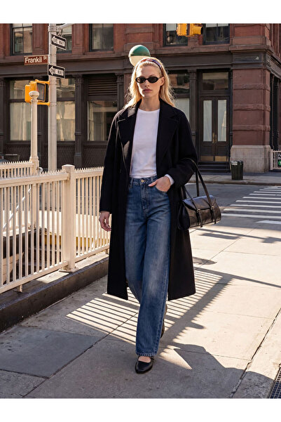 LC Waikiki Lcw Modest Black Double-Breasted Collar Women's Melton Coat