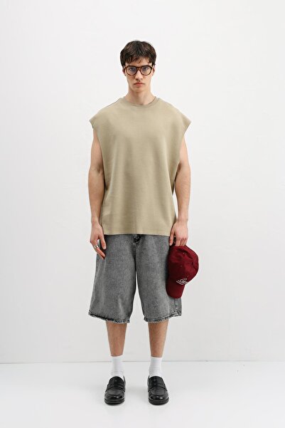 VAMOSCLO Oversized Sleeveless Basic T-Shirt Khaki