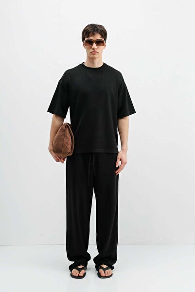 VAMOSCLO Corded Fabric Textured Oversized T-Shirt Black