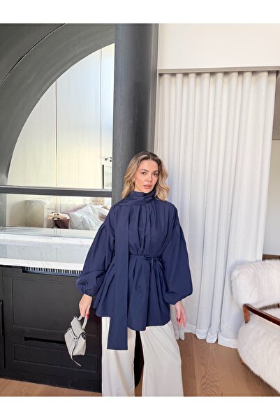 Miraydın Butik Women's Shawl and Pleated Blouse 81309 - Navy Blue