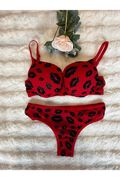 shop Kırmızı Dudak Desenli Destekli Sütyen Külot İç Giyim Takımı