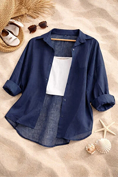 İnazuma Outdoors Women's Linen Navy Blue Shirt Summer Oversized Shirt New Season