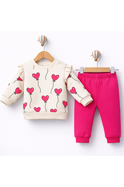 Mou&Kou Kalp Patterned Baby Girl Set 100% Cotton Combed Cotton 2-Piece Baby T...