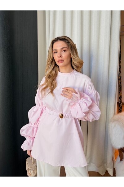 Miraydın Butik Women's Balloon Sleeve Detail Belted Shirt M81289 - Pink