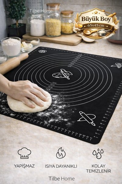 chef desing Siyah Silikon Hamur Açma Yoğurma Matı 65x45