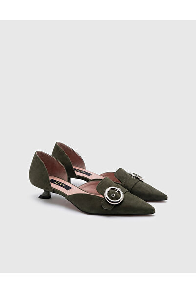 İLVİ Myra Genuine Suede Leather Women's Khaki Heeled Shoes