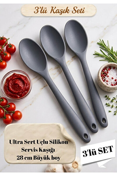 BRE HOME 3’lü Silikon Servis Kaşığı Seti 28 cm – Ultra Sert Uçlu Isıya Dayanı...
