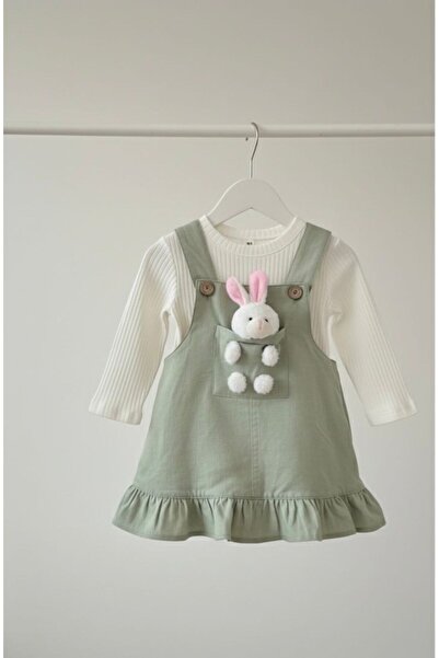 Egelite Kız Bebek Tavşancık Aksesuarlı, Keten Salopet Elbise ve Badili, 2 li,...