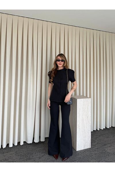 maf collection Set de damă negru cu guler rotund și mâneci bufante cu detalii...