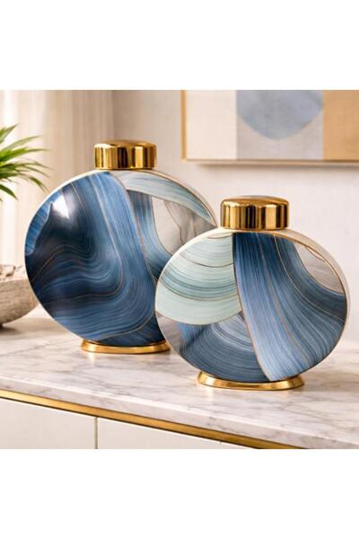 Generis Luxury Round Decorative Vase Set with Blue Marble Pattern and Golden ...