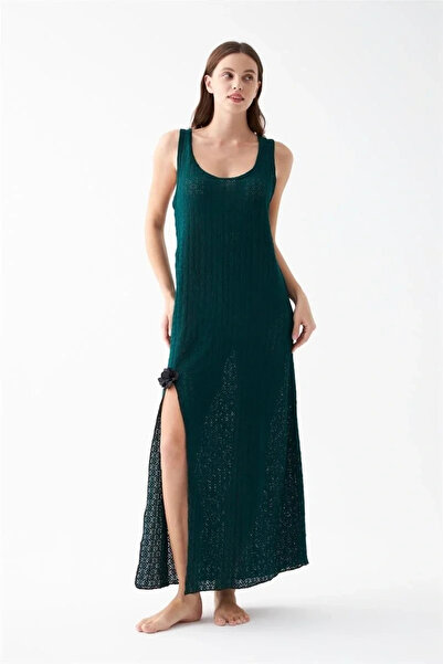 mtm My The Mall Women's Emerald Green Lace Textured Slit Long Nightgown – Ele...