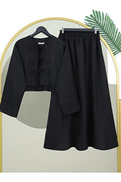 COjans Linen Suit with Lace-Up Front and Elastic Waist Skirt - Black