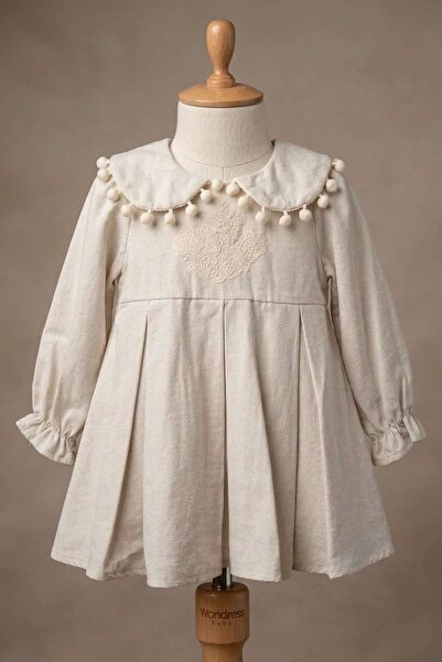 zubi kids فستان بيج مطرز على الصدر مع ياقة وشراشيب من WONDRESS (9-24 شهرًا)