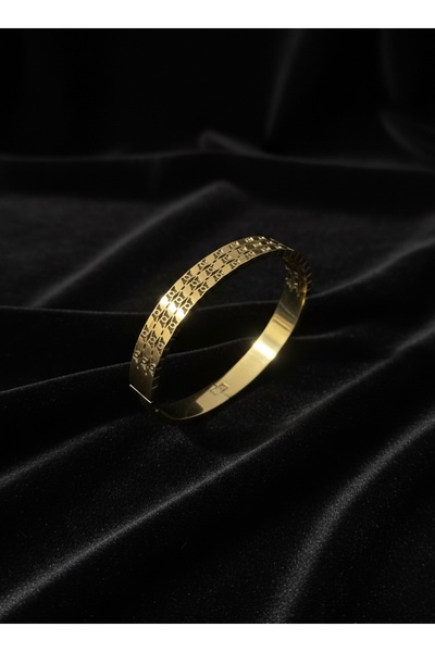 Gold Çelik Geometrik Desenli Kelepçe Bileklik - Paslanmaz Cerrahi Çelik Kararmaz Modern Lüks Takı