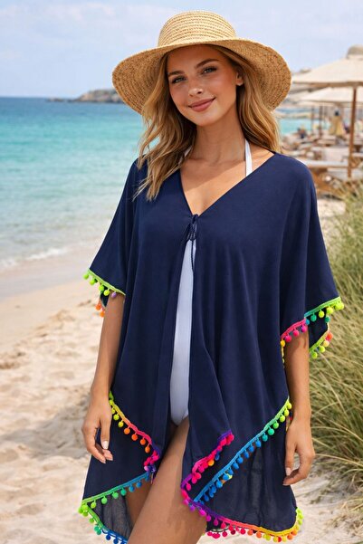HAZAL KAYA ATELIER Navy Blue Colored Tasseled Beach Dress Women's Pareo