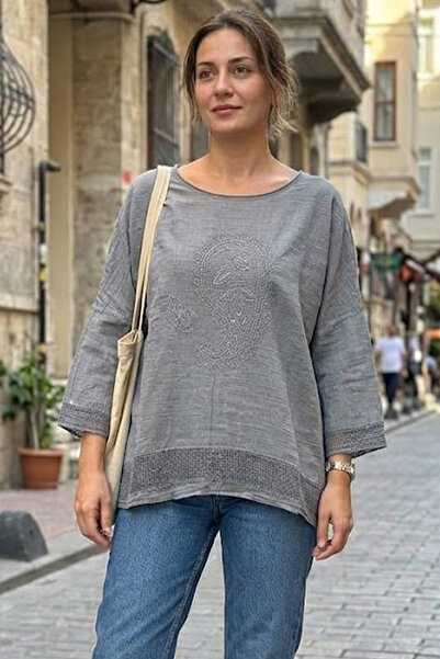 AYASOFYA OTANTIK Γυναικεία γκρι φούστα Damla Pul Με κέντημα με διχτυωτή λεπτο...