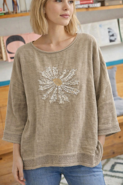 AYASOFYA OTANTIK Bluză de damă maro cu broderie florală cu paiete, cu detalii...