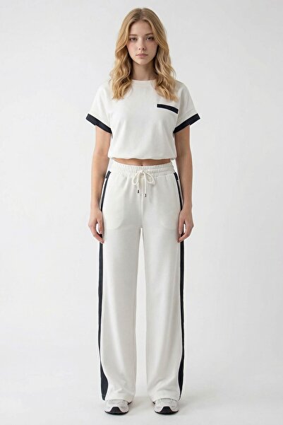 bacc White Color Block Elastic Waist Soft-Textured Fabric Bottom Top Set Bchn...