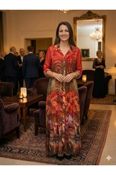 AYASOFYA OTANTIK Дамска рокля с дълги ръкави от коприна с италиански батик мотив