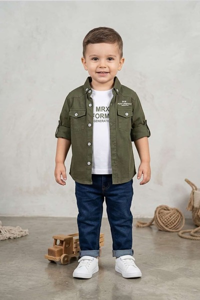 zubi kids Bukem Khaki Green Top Pocket T-Shirt Set with Bukem Writing (1-6 Ye...