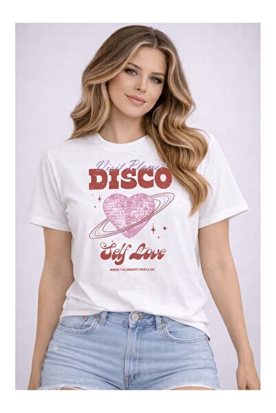LOTS MODA Disko Samoljubav Print Detaljan Osnovni T-shirt