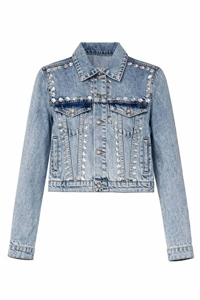 Miss Poem Γυναικείο μπουφάν τζιν με λεπτομέρειες από μπλε πέτρα Κοντό