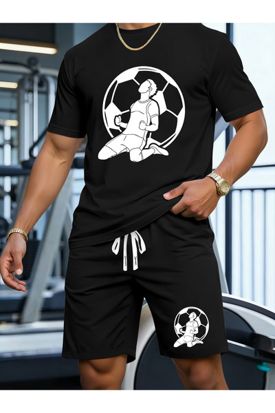 LAVİTTA كرة مطبوع تي شيرت أبيض شورت أسود مجموعة من قطعتين من الأعلى والأسفل م...