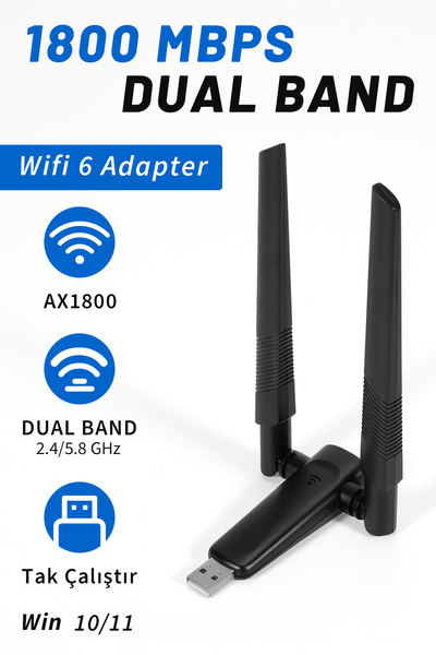 Vorgens USB Adaptör Kablosuz AX1800 Mbps Wifi 6 Çift Antenli Yüksek Kazançlı ...