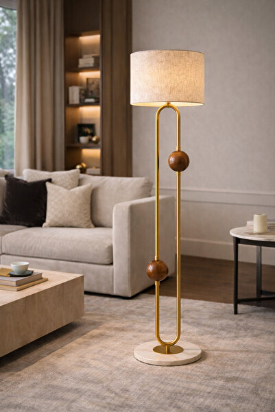 Vinner Cevora Gold Ceviz Detaylı Modern Lambader 160 cm Mermer Taban Salon La...