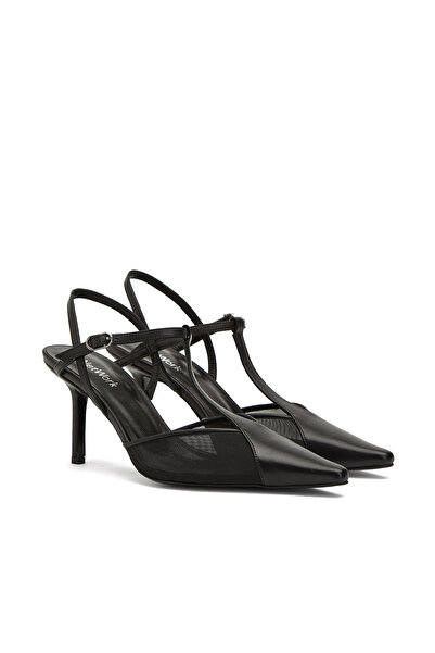 Network Siyah File Kumaş Detaylı Deri Stiletto
