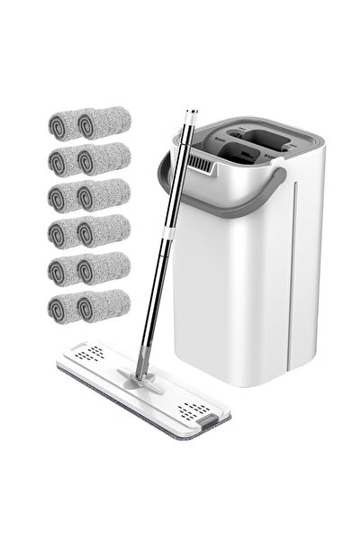 Axpeih Hands-Free Microfiber Flat Mop Bucket 12 Pads 360 Rotating Stainless S...