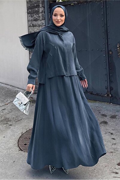 TRENDTESETTÜR KADIN LACİVERT (İNDİGO) ETEKLİ İPEK CUPRA TAKIM T 6522