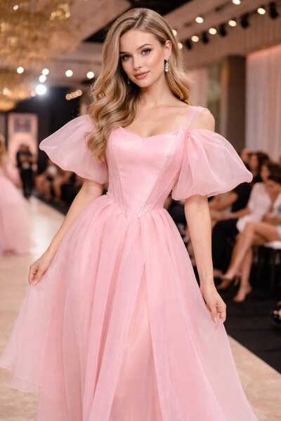 lisa تألقي كالأميرات بهذا الفستان الساحر بلون الوردي الهادئ،