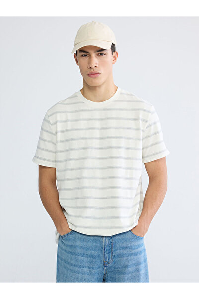LC Waikiki Nevavm Oval Collar Striped Pique Men's T-Shirt with a Difference