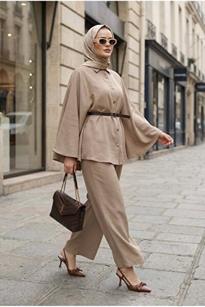 Aselim Hijap Moda طقم حجاب ثلاثي من قماش قماش مودال مكون من حزام قطع - بيج