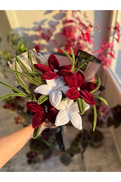 Kristal Flowers El Yapımı Solmayan Bordo-Beyaz Zambak Buketi – Dekoratif Çiçe...