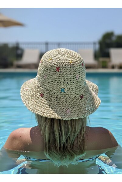 Trend Şapka 19028 Ψάθινο καπέλο σε μπεζ χρώμα με αστέρια, πλεκτό στο χέρι