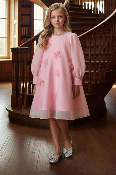 Riccotarz فستان وردي للفتيات مزين بتفاصيل ثلاثية الأبعاد على شكل نبات البرسيم...