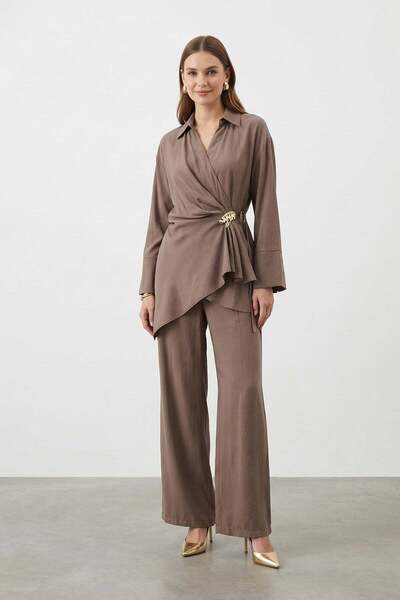 Loreen Women's Double-Breasted Tie-Detail Shirt Collar Pants Set – 20748Tks -...