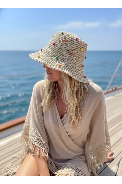 Trend Şapka 19026 Ψάθινο καπέλο σε μπεζ χρώμα με λεπτομέρεια από χάντρες και ...