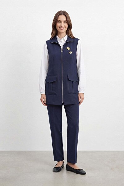 Puane Kadın Fermuarlı Kargo Cep Detaylı Yelek Pantolon Takım – 14463TKS - NAVY