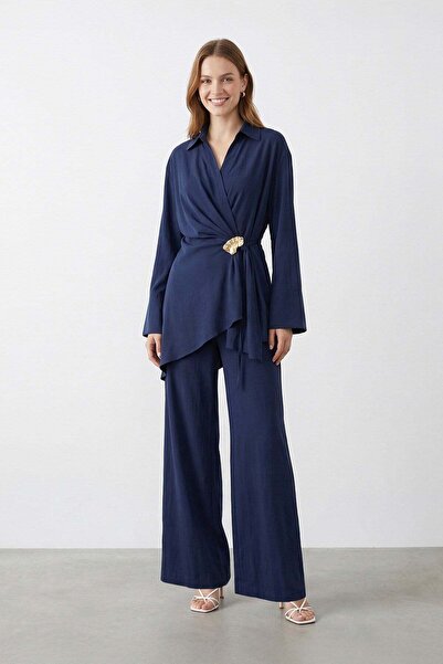 Loreen Women's Double-Breasted Tie-Detail Shirt Collar Pants Set – 20748Tks -...