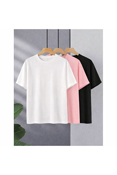 MARKATEM Ανδρικά Γυναικεία Σετ 3τμχ oversized Βασικά T-Shirts Μαύρο Λευκό Σαξ...