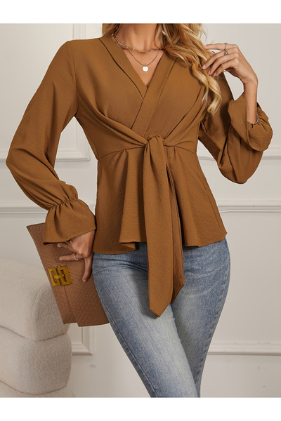 Take Two By Styli Coffee Brown Tie-Waist Long Sleeve Top