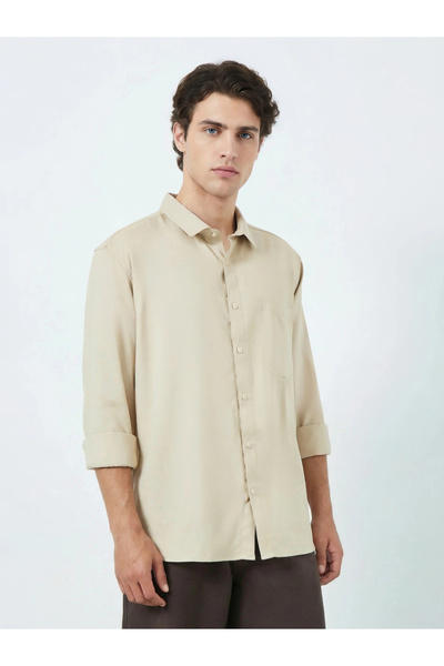 Styli Men Beige Solid Relaxed Fit Shirt