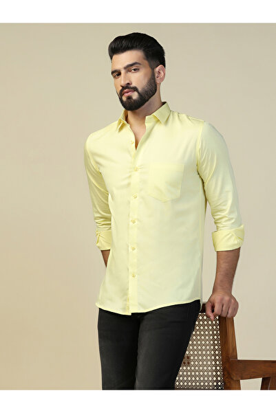 TAHVO By Styli Men Lemon Yellow Solid Cotton Shirt