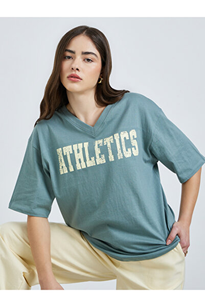 Styli Green Oversized Athletics Print Cotton T-Shirt