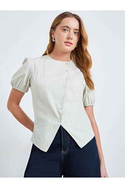 Take Two By Styli Green Puff Sleeve Button-Front Top